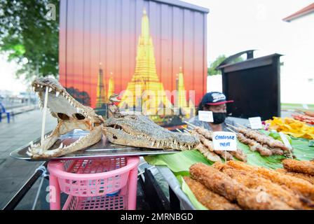 Bangkok, Thailand-Dezember 09 2022: Ein Krokodilfleisch, Straßenverkäufer zeigt zwei getrocknete Krokodilköpfe, Münder agape, mit scharfen Zähnen, neben verschiedenen Vorbereitungen Stockfoto