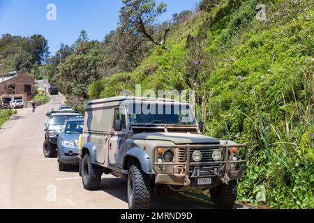 Modell 1989 Land Rover Defender 110 in Armeefarben geparkt am Warriewood Beach in Sydney, NSW, Australien Stockfoto