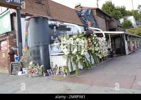 Allgemeiner Blick auf die Ehrungen, die außerhalb der Rainbow Bar & Grill auf dem Sunset Strip zu Ehren von Lemmy von der Rockband Motorhead in West Hollywood, CA, verbleiben. Ebenfalls abgebildet ist ein rührender Schauspieler, den Dave Grohl für seinen Freund pflügte. Stockfoto