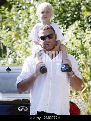 Der „Salt“-Schauspieler Liev Schreiber nimmt Sohn Alexander Pete mit, während er mit Freunden durch die Vororte spaziert. Schreiber hat kürzlich berichtet, dass er sagte: „Ich glaube, beide ['Salt' Co-Star Angelina Jolie] an diesem Ort mit unseren Kindern, wo weÕre theyÕre wirklich erstaunlich ist, ungefähr drei Jahre alt, wenn die ganze Sprache aus ihnen herauskommt. itÕs eine sehr aufregende Zeit im Leben, sowohl der someoneÕs childÕs als auch der Eltern, und es war lustig, sich darüber zu verbinden.“ Schreiber hat zwei Söhne mit Frau Naomi Watts, Alexander und Samuel Kai. Los Angeles, Kalifornien. 07/24/10. Stockfoto