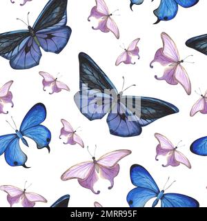 Nahtloses Muster Blau und Violett Schmetterling mit detaillierten Flügeln auf weißem Hintergrund. Aquarell handgezeichnete Insektenllustration für die Gestaltung von PR Stockfoto