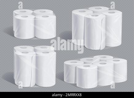 Realistisches Set aus Toilettenpapier- und Küchenhandtuchpackungen, isoliert auf transparentem Hintergrund. 3D-Vektordarstellung weicher weißer Hygienepapierrollen für Badezimmer, verpackt in blankem Polyethylen Stock Vektor