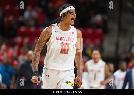 College Park, MD, USA. 31. Januar 2023. Maryland Terrapins Forward Julian Reese (10) reagiert während des NCAA-Basketballspiels zwischen den Indiana Hoosiers und den Maryland Terrapins im Xfinity Center in College Park, MD. Reggie Hildred/CSM/Alamy Live News Stockfoto