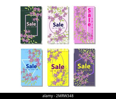 Trendige Vektorvorlage mit Blumenmuster. Illustration von Sommerblumen und Schriftzug „Sommerverkauf“. Tropische Blätter und exotische Blütenstruktur Stock Vektor