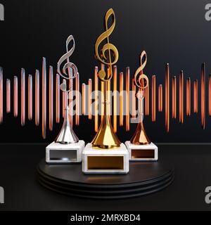 Golden Music Award mit einer Höhenkarte auf schwarzem Hintergrund, 3D-Darstellung Stockfoto