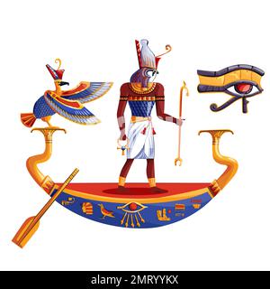 Alte ägyptische sonnengott Ra oder Horus-Cartoon-Vektordarstellung. Ägyptische Kultur religiöse Symbole, alter gottfalke in Nacht oder Tag Boot, heiliger Vogel, isoliert auf weißem Hintergrund Stock Vektor