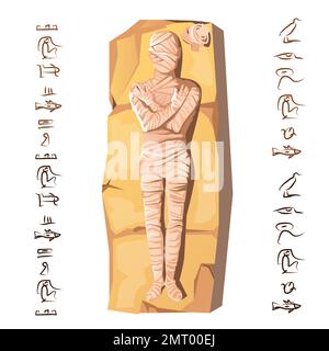 Mummy Creation Cartoon-Vektordarstellung. Mumifizierungsprozess, Einbalsamierung von Toten, menschliche Leiche ist mit Leinen umhüllt, liegt auf Stein, neben Hieroglyphen Kult von Toten aus dem alten Ägypten Stock Vektor