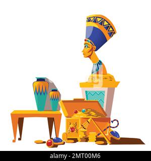 Das alte ägyptische Vektor-Cartoon-Set. Sammlung ägyptischer Kultursymbole, Nefertititis Statue mit Hieroglyphen, Opfervase und Schatztruhe, Goldmünzen und Edelsteine, isoliert auf weißem Hintergrund Stock Vektor