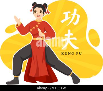 Kung-Fu-Illustration mit Menschen, die chinesische Kampfsportkunst in flachem, handgezeichneten Cartoon für Webbanner oder Landing-Page-Vorlagen zeigen Stock Vektor