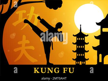 Kung-Fu-Illustration mit Menschen, die chinesische Kampfsportkunst in flachem, handgezeichneten Cartoon für Webbanner oder Landing-Page-Vorlagen zeigen Stock Vektor