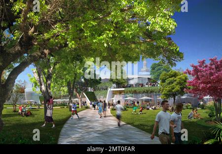 Dies sind die Renderings für den neuen vorgeschlagenen Standort von Miami Beckham United, der sich auf einem ruhenden Grundstück neben der American Airlines Arena im Zentrum von Miami befindet. Zusammen mit dem neuen Fußballpark würde der Standort Grünflächen, öffentliche Plätze und Promenaden umfassen. Der entstandene Park umfasst insgesamt 23 Hektar zusammenhängende Grünflächen, die das Pérez Art Museum Miami mit dem Patricia and Phillip Frost Museum of Science und dem Bayfront Park verbinden. Bilder mit freundlicher Genehmigung von Miami Beckham United. Miami, Florida 23. Mai 2014 Stockfoto