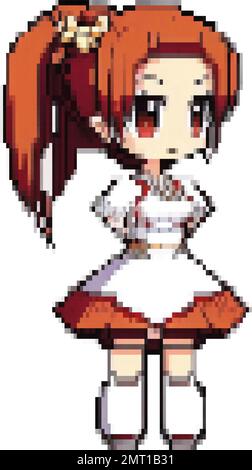 Anime-Mädchen mit angesammelten roten Haaren und in einem lustigen Kleid Pixel-Art-Vektorbild Stock Vektor