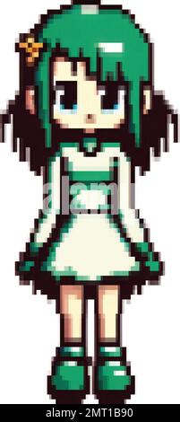 Anime-Mädchen mit grünem Haar und grünem Kleid, Pixel-Art-Vektordarstellung Stock Vektor