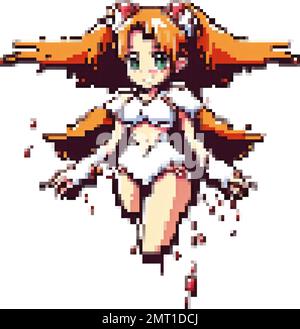 Anime-Mädchen mit zwei Pferdeschwanzen und einem weißen Anzug, Pixel-Art-Vektorbild Stock Vektor