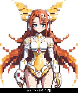 Anime-Mädchen mit fließendem Haar in einem weißen Kampfanzug und Horns Pixel Art Vektordarstellung Stock Vektor