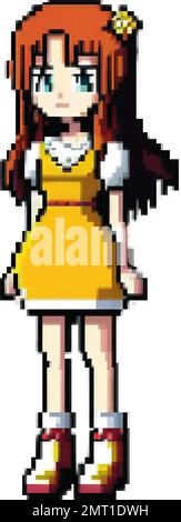 Anime-Mädchen mit fließendem rotem Haar und einem gelben Kleid Pixel-Art-Vektorbild Stock Vektor