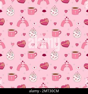 Handgezeichnetes nahtloses Muster zum Valentinstag. Glas, Herz, Becher, Pfote und andere Elemente Stock Vektor