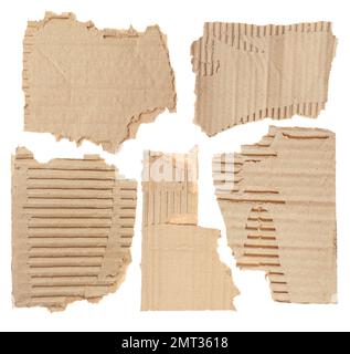 Set mit zerrissenen Pappstücken auf weißem Hintergrund Stockfoto