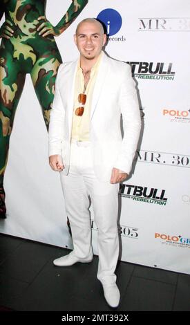 Mr. 305 Pitbull veranstaltet eine VIP-Hörsitzung im Cinebistro für sein bevorstehendes Album "Revolution". Als Teil der Veranstaltung überraschte er Rapper Fat Joe auch anlässlich seines Geburtstags mit Kuchen. Miami, Florida 8/19/09. Stockfoto