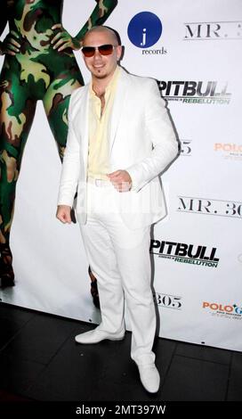 Mr. 305 Pitbull hält eine VIP-Hörsitzung im Cinebistro für sein bevorstehendes Album "Revolution". Als Teil der Veranstaltung überraschte er Rapper Fat Joe auch anlässlich seines Geburtstags mit Kuchen. Miami, Florida 8/19/09. . Stockfoto