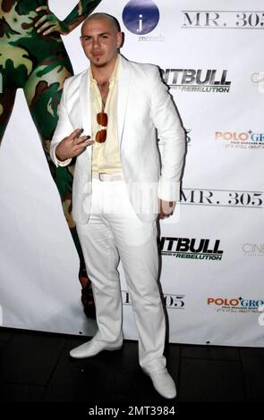 Mr. 305 Pitbull hält eine VIP-Hörsitzung im Cinebistro für sein bevorstehendes Album "Revolution". Als Teil der Veranstaltung überraschte er Rapper Fat Joe auch anlässlich seines Geburtstags mit Kuchen. Miami, Florida 8/19/09. . Stockfoto