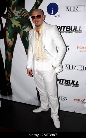 Mr. 305 Pitbull hält eine VIP-Hörsitzung im Cinebistro für sein bevorstehendes Album "Revolution". Als Teil der Veranstaltung überraschte er Rapper Fat Joe auch anlässlich seines Geburtstags mit Kuchen. Miami, Florida 8/19/09. . Stockfoto