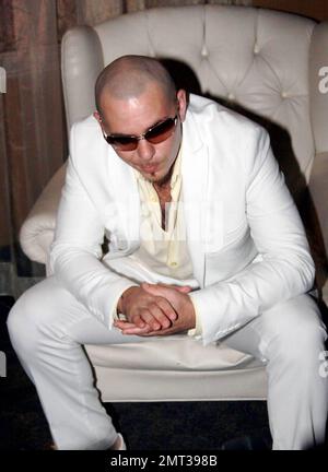 Mr. 305 Pitbull hält eine VIP-Hörsitzung im Cinebistro für sein bevorstehendes Album "Revolution". Als Teil der Veranstaltung überraschte er Rapper Fat Joe auch anlässlich seines Geburtstags mit Kuchen. Miami, Florida 8/19/09. . Stockfoto