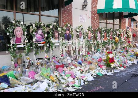 Fotos der Opfer von Massenerschießen Muoi Ung, Hong Jian, Lilian Li, Yu Kao, Wen Yu, Chia Yau, Xiujuan Yu, Donna Tom, Ming Wei Ma, Valentino Alvero und My Nhan in einer Gedenkstätte vor dem Star Ballroom Dance Studio am Dienstag, 31. Januar 2023, in Monterey Park, Kalifornien Ein bewaffneter Mann tötete am 22. Januar 2023 mehrere Leute im Tanzstudio des Ballsaals während der Mondneujahrsfeier. Stockfoto