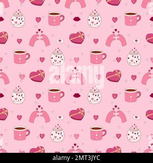 Handgezeichnetes nahtloses Muster zum Valentinstag. Glas, Herz, Becher, Pfote und andere Elemente Stock Vektor