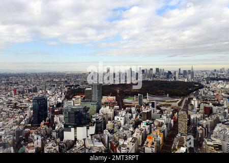Blick auf den Yoyogi Park, Shinjuku und die Harajuku Gegend in Tokio, Japan. Stockfoto