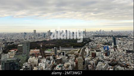 Blick auf den Yoyogi Park, Shinjuku und die Harajuku Gegend in Tokio, Japan. Stockfoto