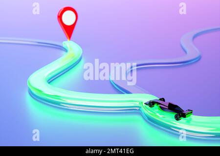 3D Abbildung der Markierung von Geolacation mit einer roten, gewundenen Routenmarkierung auf einer rosafarbenen Karte Stockfoto