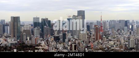 Blick auf den Tokyo Tower und die moderne Skyline in der Gegend Tokio/Ginza von Tokio, Japan. Stockfoto