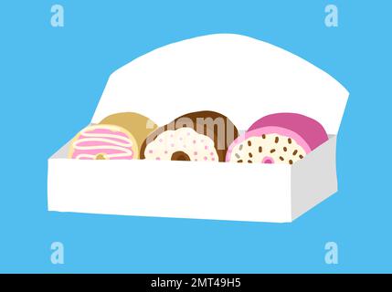 Eine Schachtel Donuts im Cartoon-Stil. Vektordarstellung auf blauem Hintergrund isoliert. Stock Vektor