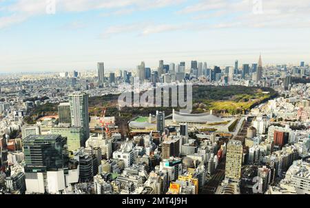 Blick auf den Yoyogi Park, Shinjuku und die Harajuku Gegend in Tokio, Japan. Stockfoto
