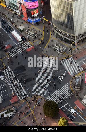 Die berühmte Kreuzung von Shibuya vom Gipfel des Scramble Square-Gebäudes in Shibuya, Tokio, Japan. Stockfoto