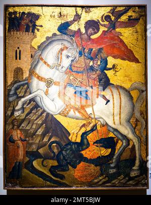 St. George und der Drache von unbekanntem Künstler aus dem 15.-16. Jahrhundert - Tempera an der Leinwand - Galleria Regionale di Palazzo Bellomo, Ortigia - Syrakus, Sizilien, Italien Stockfoto