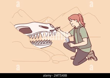 Eine Archäologin in der Nähe eines riesigen Dinosaurierschädels reinigt den Kopf eines alten Tieres mit einem Pinsel. Eine Entdeckerin, die sich niederknien kann, nimmt an Ausgrabungen Teil und entfernt behutsam das Skelett aus dem Sand. Flaches Vektordesign Stock Vektor