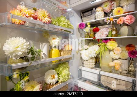 Kühlschrank voll mit verschiedenen cuted Blumen Stockfoto