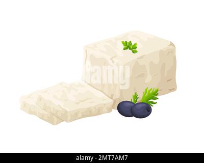 Feta soft cheese. Cartoon greek brined curd white peace made from sheeps milk. Delicious food of soy milk. Vegetarian product vector illustration Stock Vector