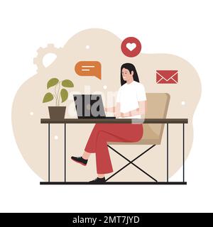 Frau, die am Schreibtisch an einem Laptop-Illustrationskonzept arbeitet. Abbildung für Websites, Landing-Pages, mobile Apps, Poster und Banner. Trendiger Flachvektor i Stock Vektor