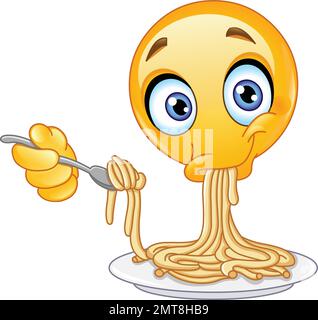 Emoji-Emoticon, das Spaghetti mit einem Löffel aus einem Teller isst Stock Vektor