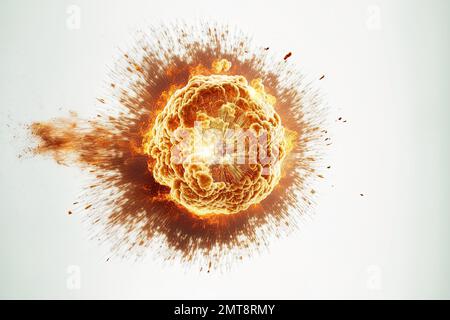 Ein explodierender Feuerball, verursacht durch eine nukleare Detonation in einem konfliktreichen Raum und einer Weltexplosion auf einem hellweißen Hintergrund. Nukleare Explosion eintreffen Stockfoto