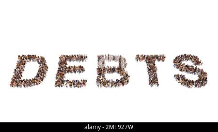 Konzept oder konzeptionelle große Gemeinschaft von Menschen, die das Wort SCHULDEN bilden. 3D Beispielmetapher für die finanzielle Belastung durch Hypotheken, Stockfoto