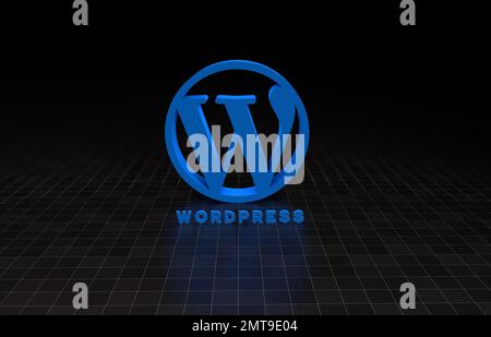 Ein 3D-Rendering des blauen WordPress-Logos vor schwarzem Hintergrund Stockfoto