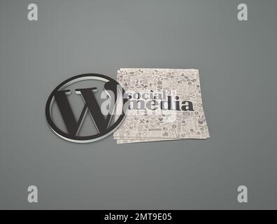 Ein 3D-Rendering des WordPress-Logos und der sozialen Medien auf dem Papier vor grauem Hintergrund Stockfoto