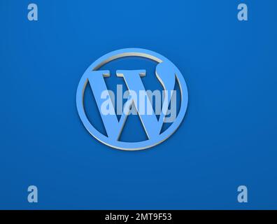 das 3D-Rendering des WordPress-Logos vor blauem Hintergrund Stockfoto