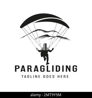 High Adventure Vintage Logo inspirierte Silhouette Paragliding Landung. Gleitschirmfliegen Logo-Design Stock Vektor