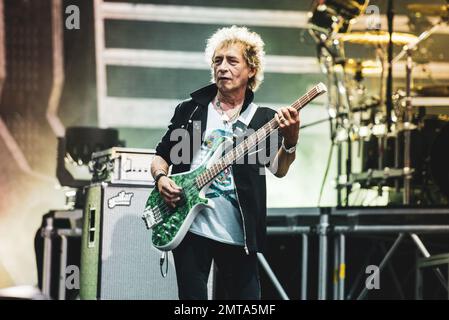 STADIO OLIMPICO, TURIN, ITALIEN: Claudio Golinelli, Bassist des italienischen Schaukelers Vasco Rossi, live auf der Bühne für die „LIVE-KOM“-Tour Stockfoto