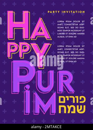 Purim-Weihnachtsbanner mit Karnevalsmaske und Purim-Partyelementen. Für Karten, Partyeinladung und Poster drucken. Fröhliche Purim auf Hebräisch Stock Vektor
